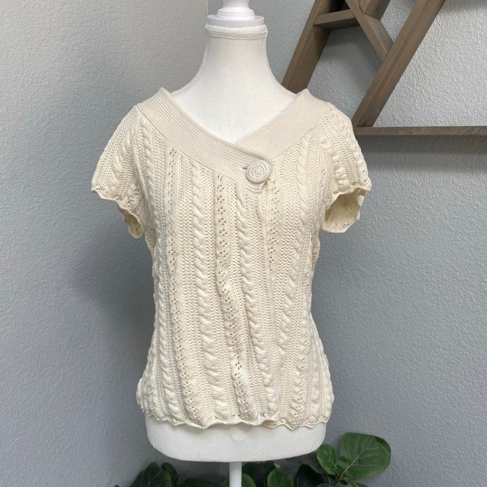 CASLON CREAM CABLE KNIT SHORT SLEEVE CARDIGAN BUTTON SWEATER Y2K BOHO ACADEMIA